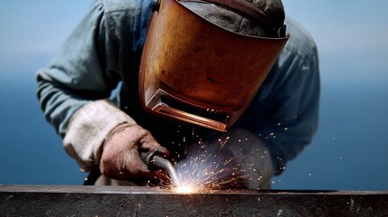 Skilled Welder in Action Sparks Flying During Metalwork Process
