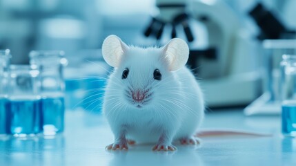 Close-up of a white laboratory mouse sitting on a table with glass vials and microscope in background, symbolizing medical research, science, discovery, and the important role of laboratory animals.