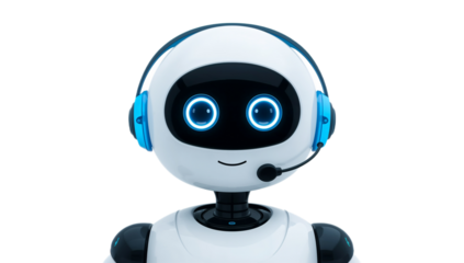A 3D rendered stylized AI robot character wearing a headset, representing a chatbot for virtual customer service and technical support