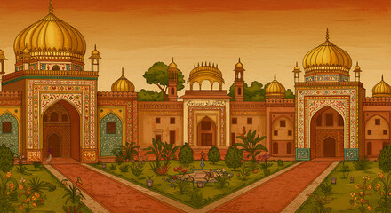 Captivating Illustration of a Grand Mughal-Style Palace with Lush Gardens and Domes