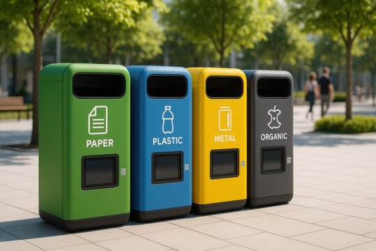 Smart recycling station with color coded bins and digital sensors in modern city plaza, eco friendly waste sorting technology concept promoting clean sustainable living