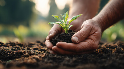 Person gently holds small plant with soil in their hands, symbolizing care and nurturing in gardening. warm sunlight enhances scene, evoking sense of growth and connection to nature