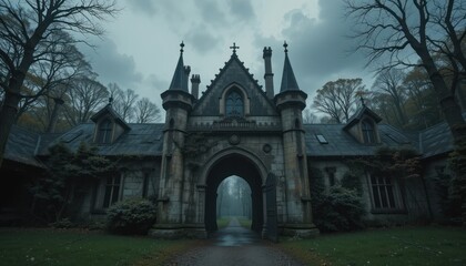Gothic architecture building with a dark, spooky, and mysterious aesthetic under a cloudy sky