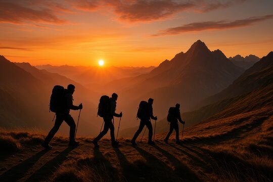 Sunset ridge trek group of hikers with backpacks dramatic alpine panorama glowing sky adventurous summer travel journey teamwork and outdoor exploration