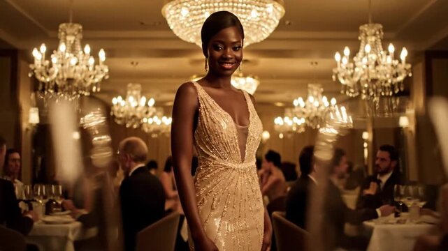 Woman in a gold dress standing in a fancy restaurant with chandeliers and people dining around her