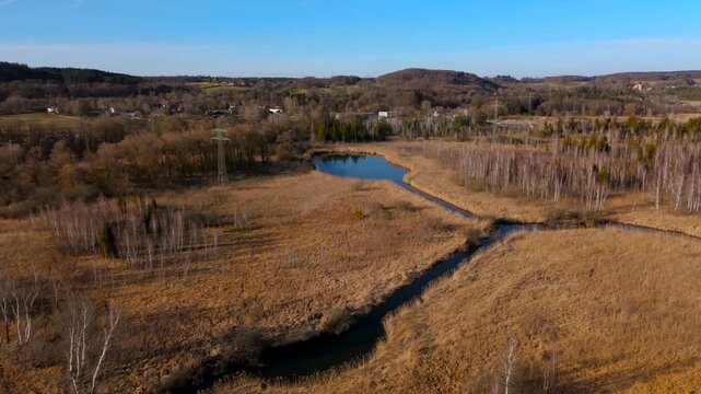 Aerial view of Upper Wurm River between Starnberg and Leutstetten, Bavaria. Clear water, wetlands, green meadows, and forests. Only outflow of Lake Starnberg, flowing through nature reserve in spring