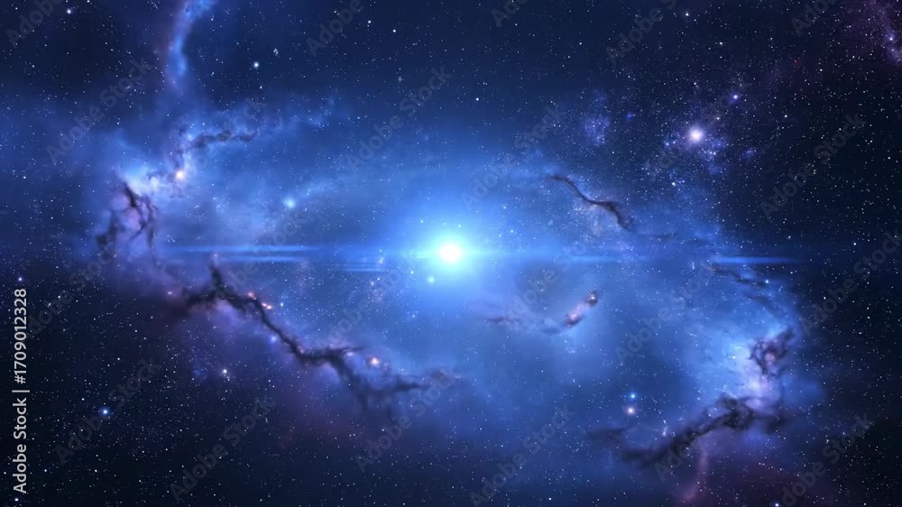 Wall mural a celestial deep space blue flare pulses with gentle light, illuminating swirling nebulae in a seaml