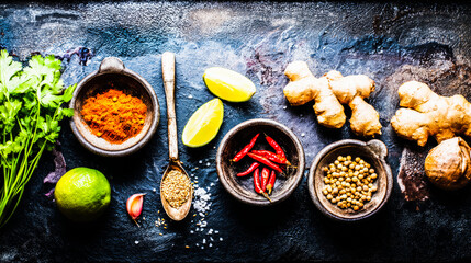 Asian cuisine ingredients beautifully arranged on a rustic stone surface with fresh herbs and spices.
