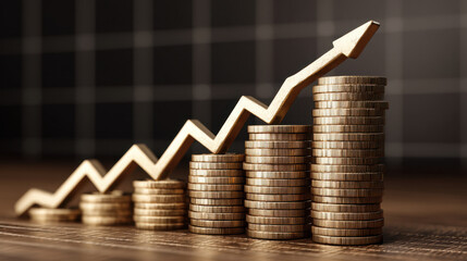 Stacked coins with rising arrow symbolize financial growth and investment success, reflecting positive trend in economic performance and wealth accumulation