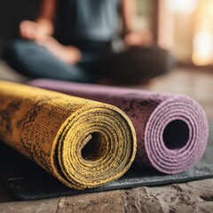 Rolled Yoga Mats In Yellow And Purple