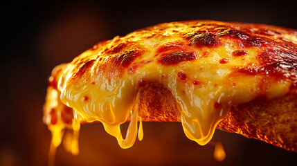 Close-up of a hot pizza slice with golden melted cheese stretching off the edge, crispy crust, and rich texture. Ideal for food ads, menus, and culinary promotions.
