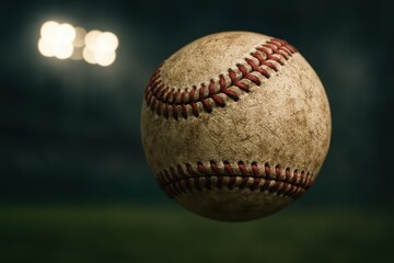 Weathered white baseball spinning in flight with stadium lights bokeh dramatic evening game atmosphere crisp stitching and motion detail sports concept