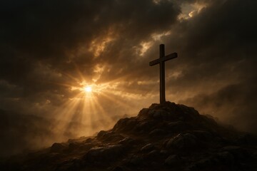 Naklejka premium Wooden cross silhouetted on windswept hill at dawn radiant sunbeams pierce storm clouds and drifting mist symbol of hope and resurrection