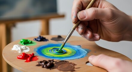 Obraz premium Artist Hand Mixing Bright Colors on Wooden Palette in Creative Art Studio