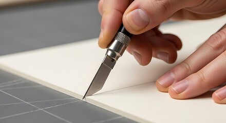 Hands Using Precision Knife Cutting White Paper on Cutting Mat in Craft Workspace