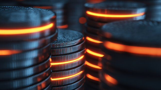 Stacks of coins illuminated with glowing orange light create striking visual effect, emphasizing texture and details of coins. interplay of light and shadow adds depth to scene, evoking sense
