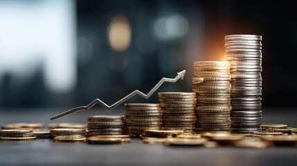 Stacks of coins represent financial growth and investment success, with rising graph symbolizing upward trends in wealth accumulation and economic progress