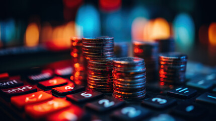 Stacks of coins are arranged on calculator, symbolizing financial calculations and investment. vibrant background creates dynamic atmosphere, enhancing theme of money management