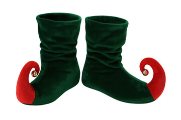 Pair of green elf shoes with red curled toes on transparent background