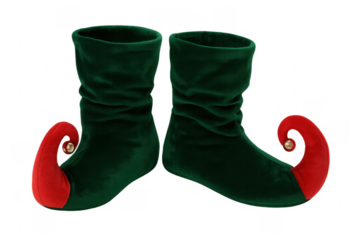 Pair of green elf shoes with red curled toes on transparent background