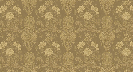 Elegant Damask Pattern with Floral Accents on a Neutral Brown Background