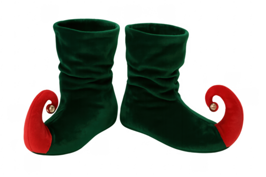 Pair of green elf shoes with red curled toes on transparent background