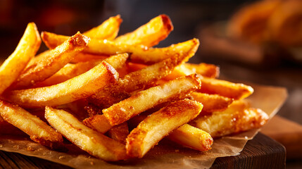 Close-up of golden crispy French fries on parchment paper, freshly cooked with a light salt sprinkle. Perfect for food ads, fast food branding, menus, and snack promotions.