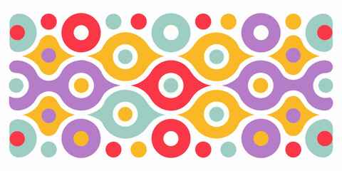 Retro geometric pattern with colorful circles and wavy shapes in a repeating seamless design