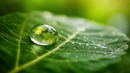 Close up view of water droplet resting on green leaf, reflecting surrounding foliage. image captures beauty of nature, showcasing intricate details of leaf and clarity of droplet