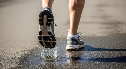 Person Running on Wet Beach Sand in Athletic Shoes During Sunny Day