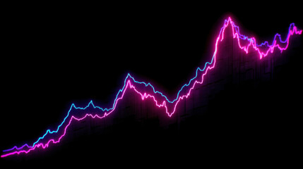 Vibrant digital graph displays rising trend with neon blue and pink lines against dark background, symbolizing growth and progress in data analysis or financial markets