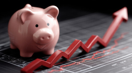 Pink piggy bank sits beside rising red graph, symbolizing financial growth and savings. This conveys importance of saving money and investing wisely for prosperous future