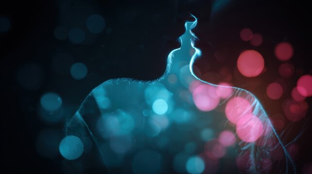 Silhouettes of two people kissing, overlaid with vibrant light bokeh