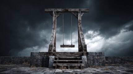 Wooden swing under stormy sky