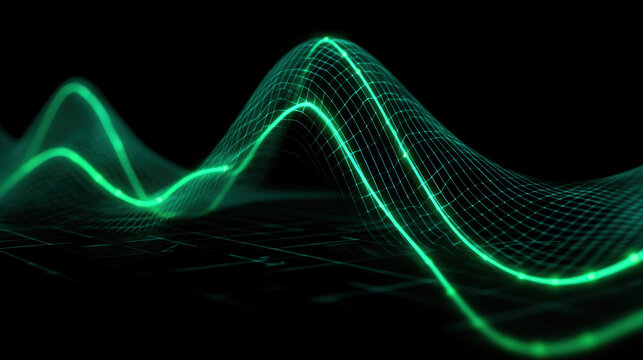 Digital waveforms create mesmerizing visual of green lines on dark background, representing sound or data signals in modern, abstract style