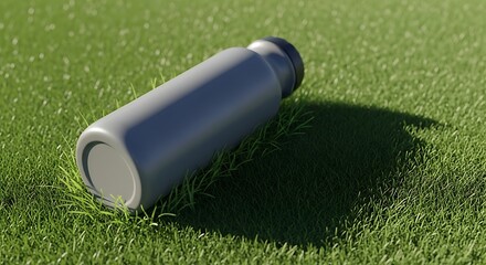 Gray Water Bottle Lying on Green Grass in Bright Sunlight Outdoor Setting