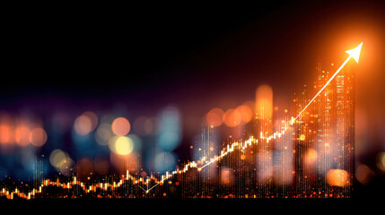 Vibrant financial graph displays upward trend, symbolizing growth and success in business. background features blurred city skyline with glowing lights, creating dynamic atmosphere