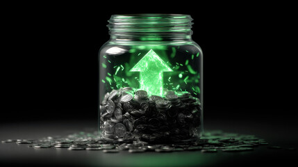Glass jar filled with coins sits against dark background, illuminated by glowing green arrow pointing upwards, symbolizing financial growth and prosperity. scene conveys sense of hope and success