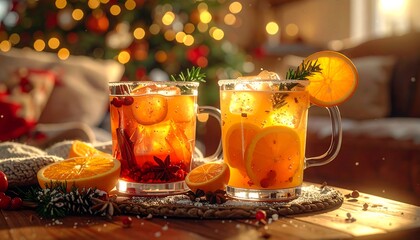 Festive winter drinks in front of a Christmas tree