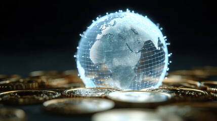 Digital globe representing world is displayed, surrounded by collection of shiny coins. globe features mesh design with glowing elements, symbolizing global finance and connectivity
