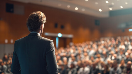 Fototapeta premium Businessperson standing and conduction a conference. Business and entrepreneurship symposium.
