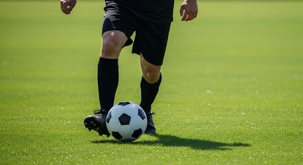 Obraz premium Male Soccer Player Wearing Black Uniform Kicking Soccer Ball on Green Field