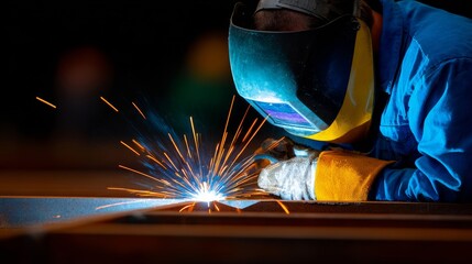 Welder in Protective Gear Creating Sparks During Metal Fabrication