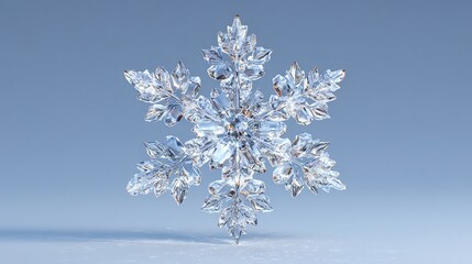 Intricate six-pointed crystalline snowflake, rendered in transparent ice-like texture against a muted blue background, exhibiting detailed branching patterns and a reflective surface