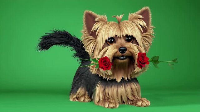 Cute Yorkshire Terrier with Roses on Green Background with ai generated