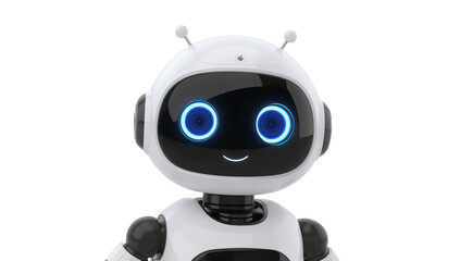 Friendly Robot Headshot with Bright Eyes and Cheerful Expression on White Background