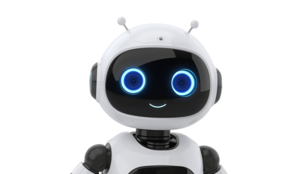 Friendly Robot Headshot with Bright Eyes and Cheerful Expression on White Background