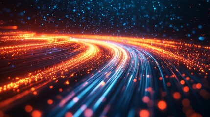 Dynamic glowing light trails of blue and orange particles curving in motion against a dark background, symbolizing high-speed data transfer, technology, energy flow, futuristic networks, innovation.