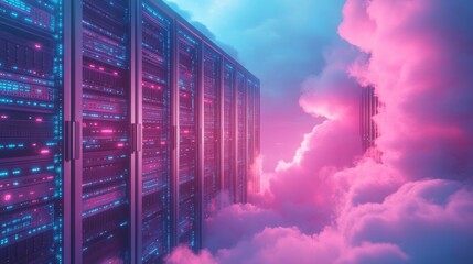 Futuristic cloud server racks glowing with neon lights inside pink clouds, symbolizing cloud computing, digital storage, big data, virtual technology, modern internet, information security, innovation