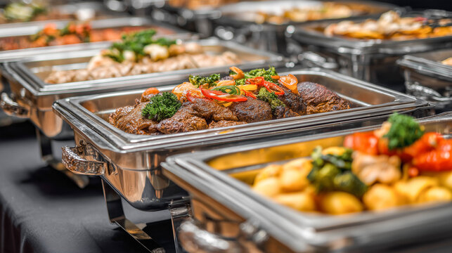 Chafing dishes filled with a variety of delicious foods at a catering event, ready to serve guests and enhance the celebration.